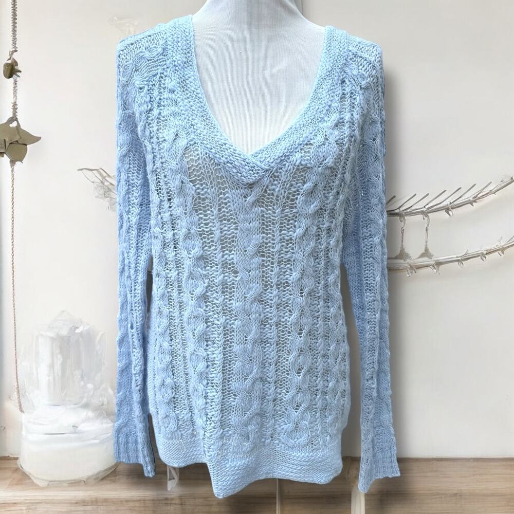 BCBGeneration Cable Knit Deep V Neck Sweater - Baby Blue
